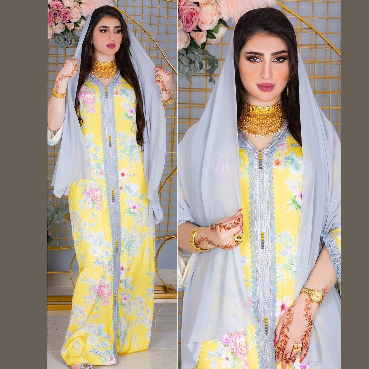 Ethnic Print Robe Dress Middle East Style Turkish Women's Dress Printed Floral Dress Robe