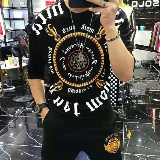 Fashion O-Neck Diamonds Letter Printed T-Shirt Men's Clothing 2023 Summer New Oversized Casual Pullovers Loose Korean Tee Shirt