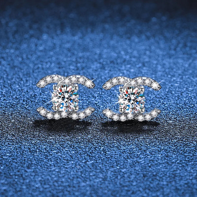 S925 Female Moissanite Stud Earrings C Shape Fine Anniversary Gift with GRA Certificate