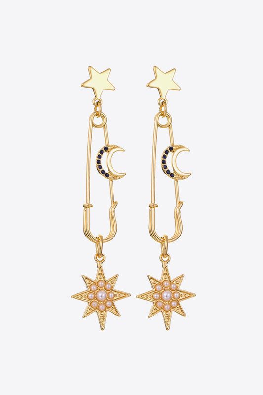 Inlaid Pearl Star and Moon Drop Earrings