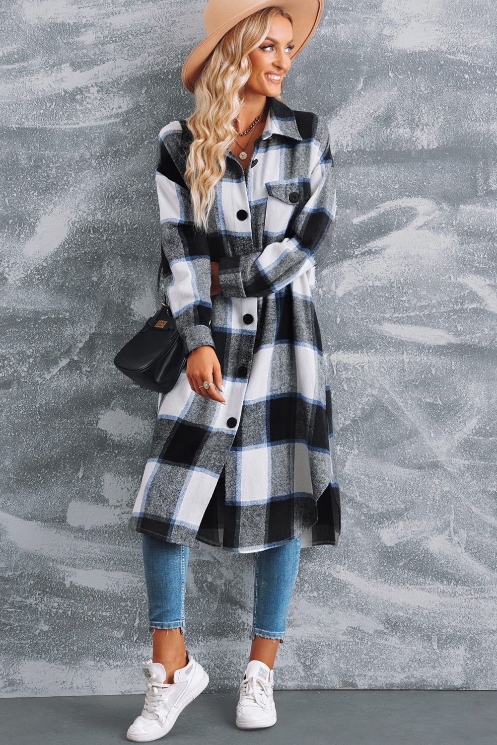 Plaid Button Front Side Slit Duster Coat