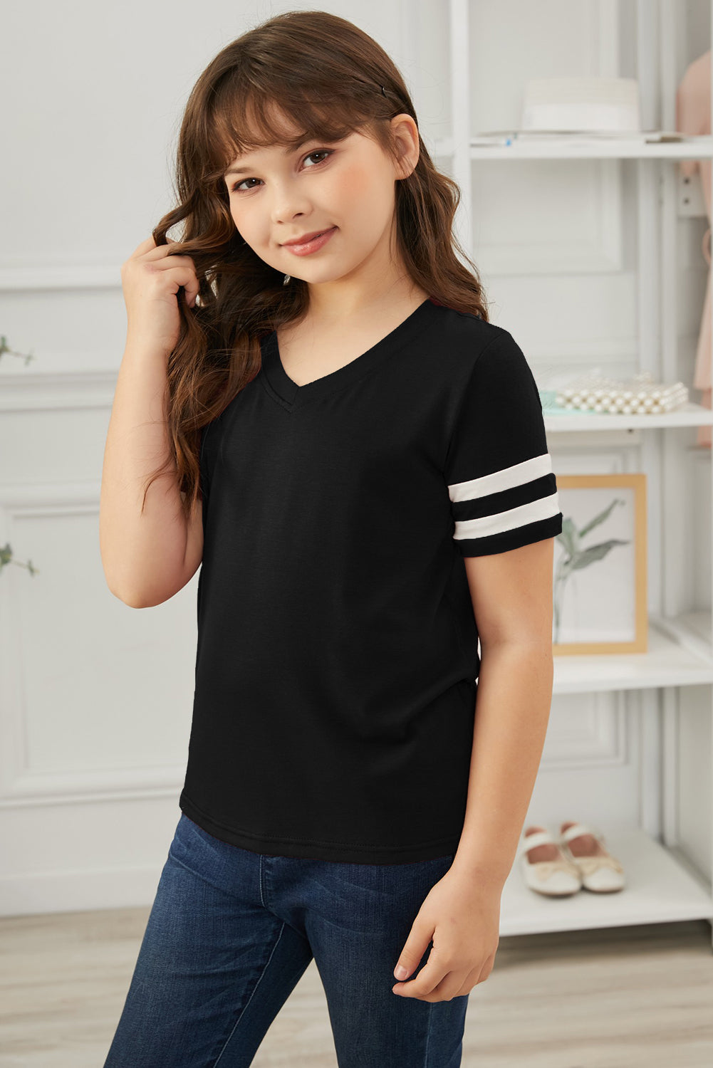 Girls Striped V-Neck Tee Shirt