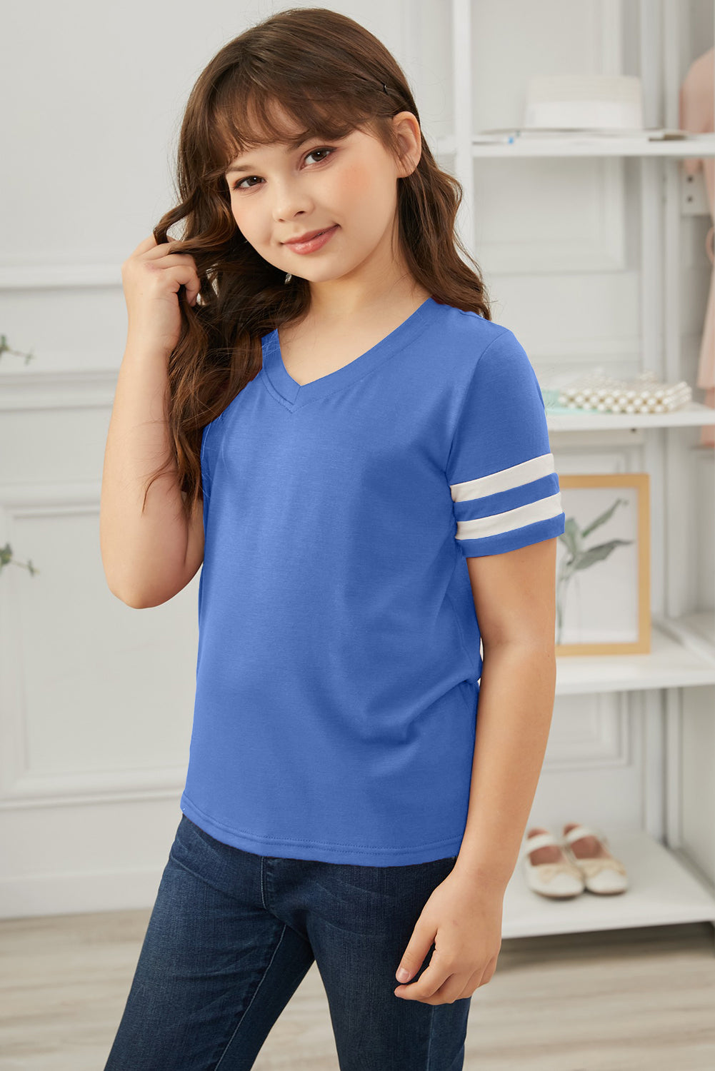 Girls Striped V-Neck Tee Shirt