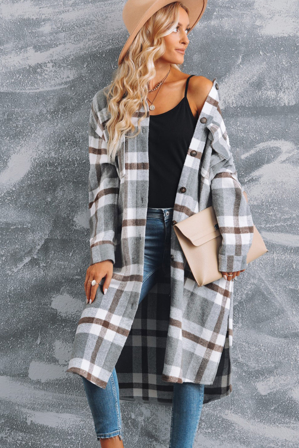 Plaid Button Down Side Slit Dropped Shoulder Duster Coat