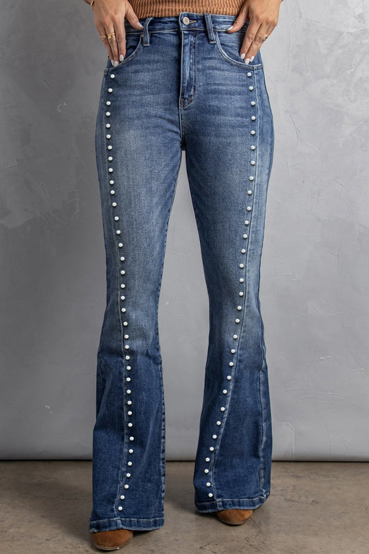 Blue Beading Light Wash High Waist Flare Jeans