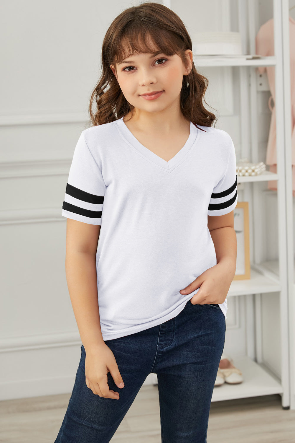 Girls Striped V-Neck Tee Shirt