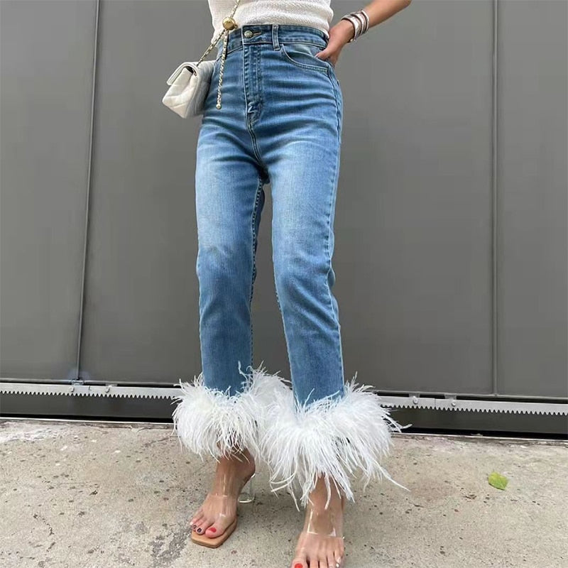 Designer Style Spring Streetwear Ostrich Feathers Jeans Women  Denim Pants Feather Straight Trousers  Female Ladies Elegant