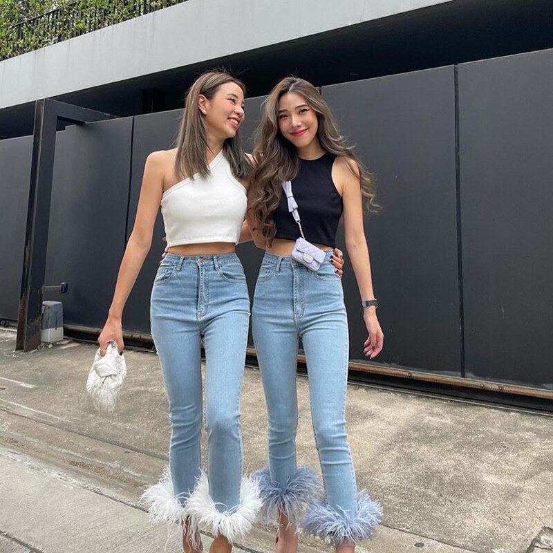 Designer Style Spring Streetwear Ostrich Feathers Jeans Women  Denim Pants Feather Straight Trousers  Female Ladies Elegant