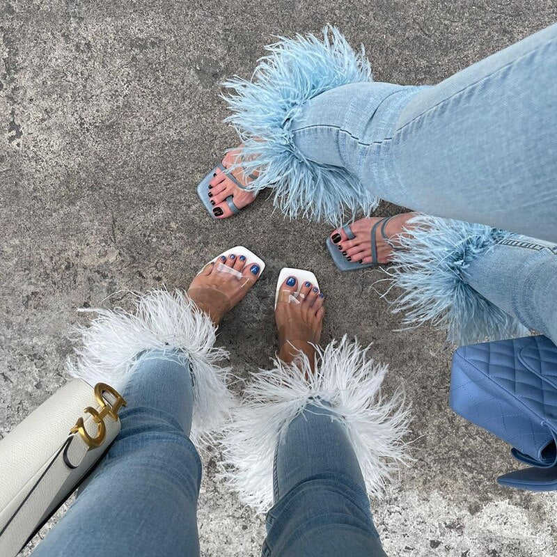 Designer Style Spring Streetwear Ostrich Feathers Jeans Women  Denim Pants Feather Straight Trousers  Female Ladies Elegant