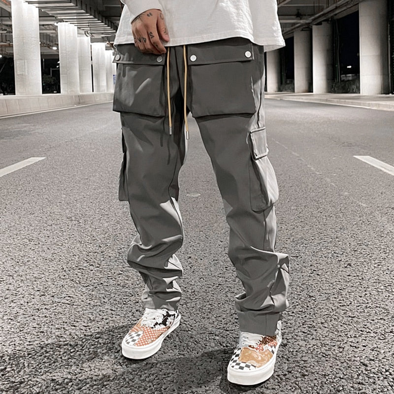 High Street Multi-pocket Casual Trousers for Men and Women Side Breasted Drawstring Cargo Pants Harajuku Solid Loose Pants