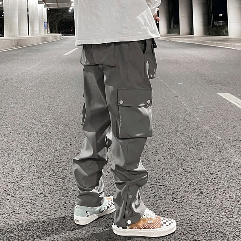 High Street Multi-pocket Casual Trousers for Men and Women Side Breasted Drawstring Cargo Pants Harajuku Solid Loose Pants