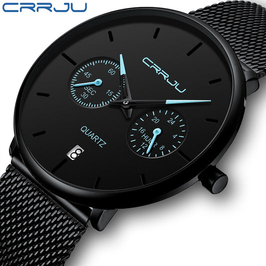 Mens Watches CRRJU Full Steel Casual Waterproof Watch for Man Sport Quartz Watch Men&#39;s Dress Calendar Watch Relogio Masculino