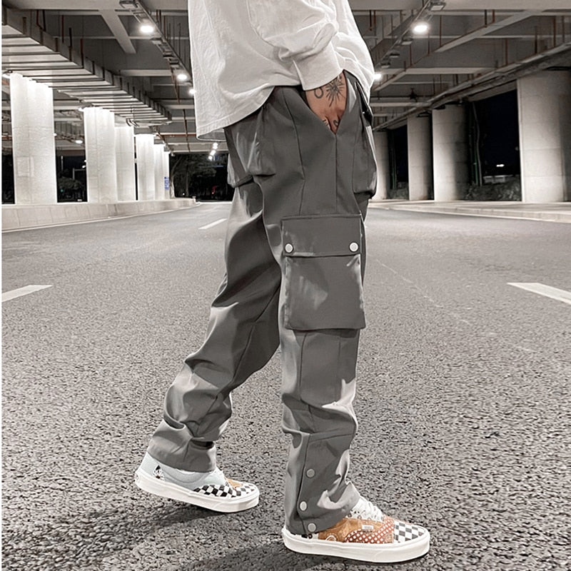 High Street Multi-pocket Casual Trousers for Men and Women Side Breasted Drawstring Cargo Pants Harajuku Solid Loose Pants