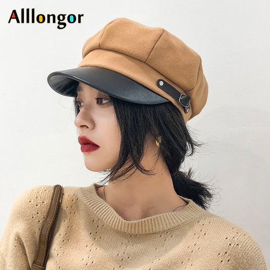 Octagonal Beret femme Leather French Hat Women British 2022 Autumn Fashion Black military Beret Newsboy Cap Girl Painte Cap