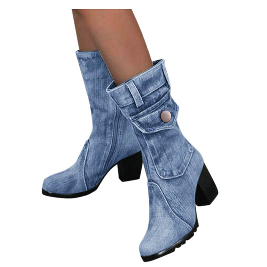 Blue jeans boots Women&#39;s Mid-rise Rome Solid Slip-On Chunky Med Heels Boots wild vintage Large Size Ladies shoes