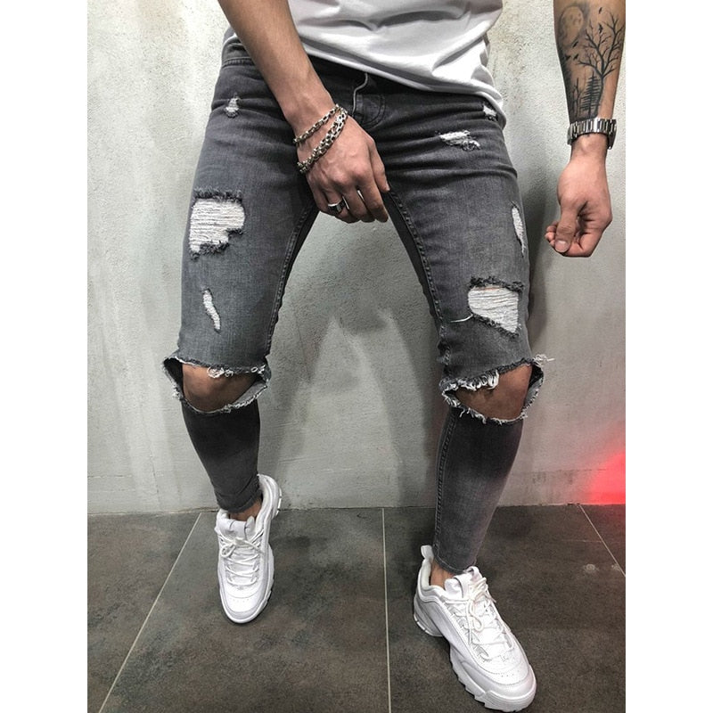 Fashion Streetwear Men&#39;s Jeans Vintage Blue Gray Color Skinny Destroyed Ripped Jeans Broken Punk Pants Homme Hip Hop Jeans Men