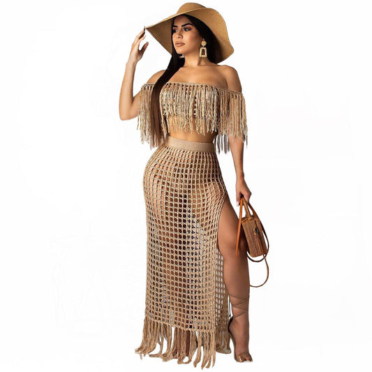 RT Sexy Knitted Women Set Two Pieces Set Slash Neck Cover Ups Slit Tassel Skirt 2 Pieces Set Hollow Out Beach Crocheted Suit