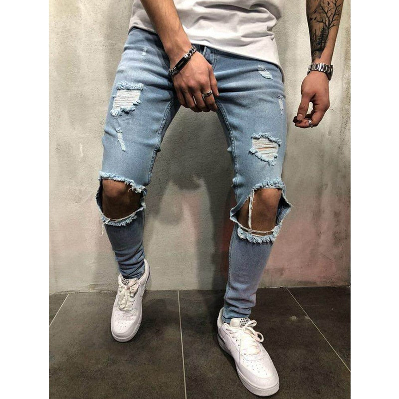 Fashion Streetwear Men&#39;s Jeans Vintage Blue Gray Color Skinny Destroyed Ripped Jeans Broken Punk Pants Homme Hip Hop Jeans Men