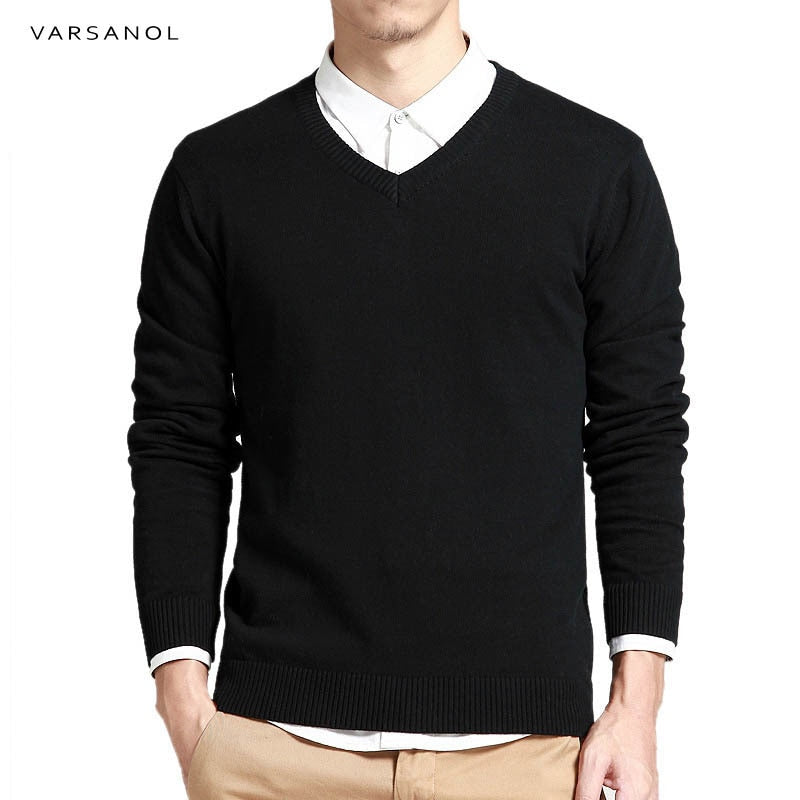 Varsanol Cotton Sweater Men Long Sleeve Pullovers Outwear Man V-Neck sweaters Tops Loose Solid Fit Knitting Clothing 8Colors New