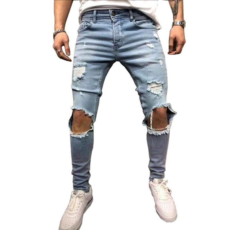 Fashion Streetwear Men&#39;s Jeans Vintage Blue Gray Color Skinny Destroyed Ripped Jeans Broken Punk Pants Homme Hip Hop Jeans Men