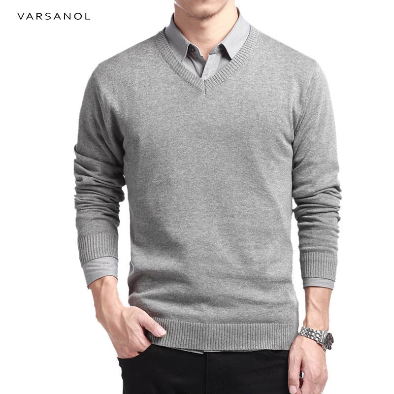 Varsanol Cotton Sweater Men Long Sleeve Pullovers Outwear Man V-Neck sweaters Tops Loose Solid Fit Knitting Clothing 8Colors New