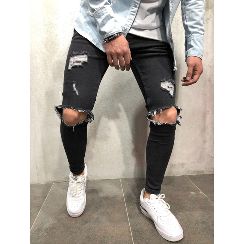 Fashion Streetwear Men&#39;s Jeans Vintage Blue Gray Color Skinny Destroyed Ripped Jeans Broken Punk Pants Homme Hip Hop Jeans Men