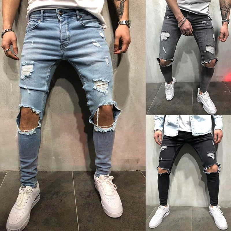 Fashion Streetwear Men&#39;s Jeans Vintage Blue Gray Color Skinny Destroyed Ripped Jeans Broken Punk Pants Homme Hip Hop Jeans Men