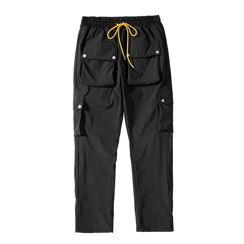 High Street Multi-pocket Casual Trousers for Men and Women Side Breasted Drawstring Cargo Pants Harajuku Solid Loose Pants