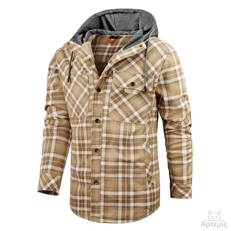 Long-Sleeved Fleece-Lined Hooded Men's Cotton Clothes Plaid Shirt