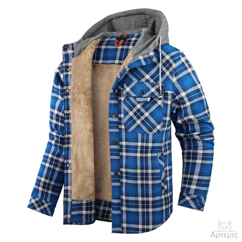 Long-Sleeved Fleece-Lined Hooded Men's Cotton Clothes Plaid Shirt