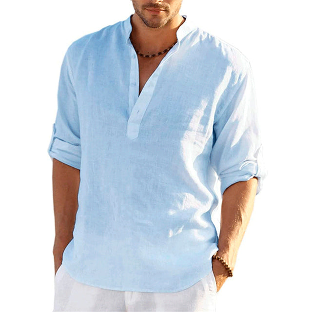 Summer Men's Casual Polo Shirts Cotton Linen Shirt Blouse