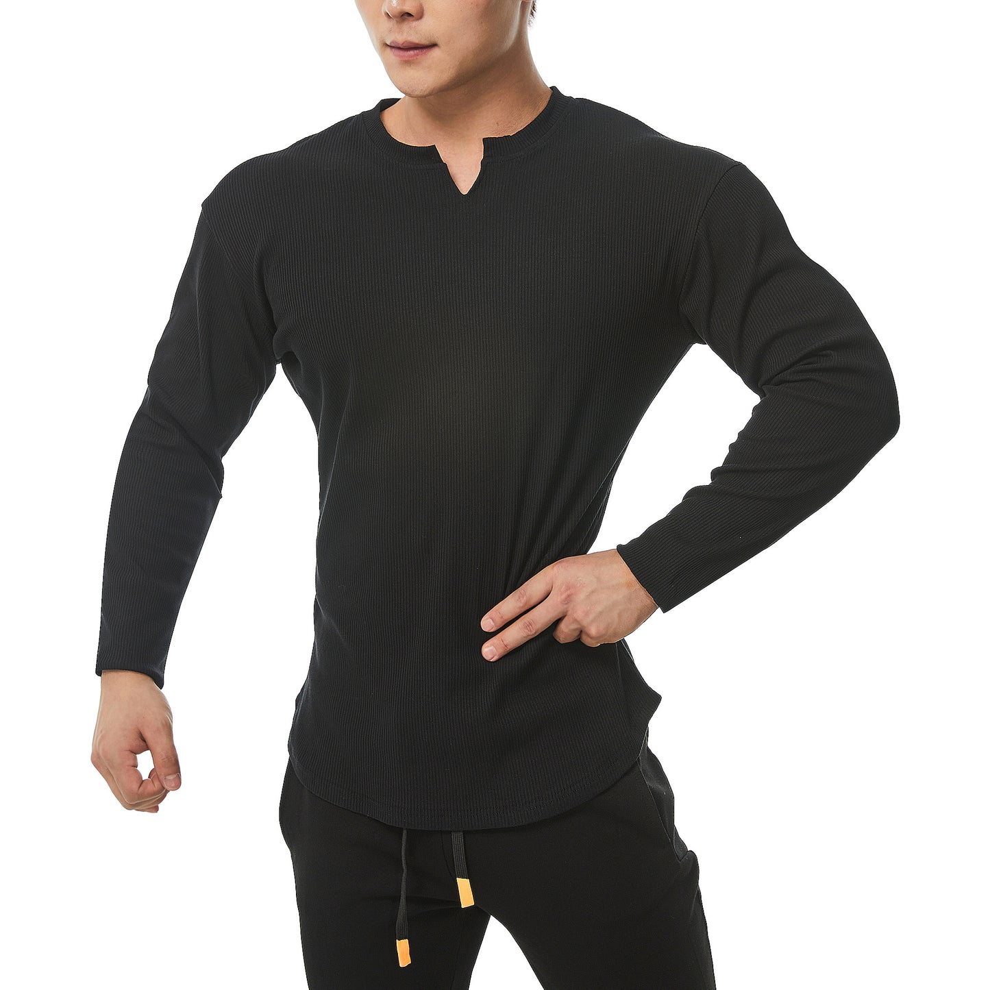 Trendy Spring Men's Small V-neck Thread Breathable Long Sleeves T-shirt