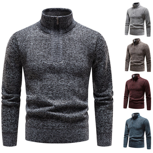 Trendy Men Fleece-Lined Stand Collar Half Zip Pullover Sweater