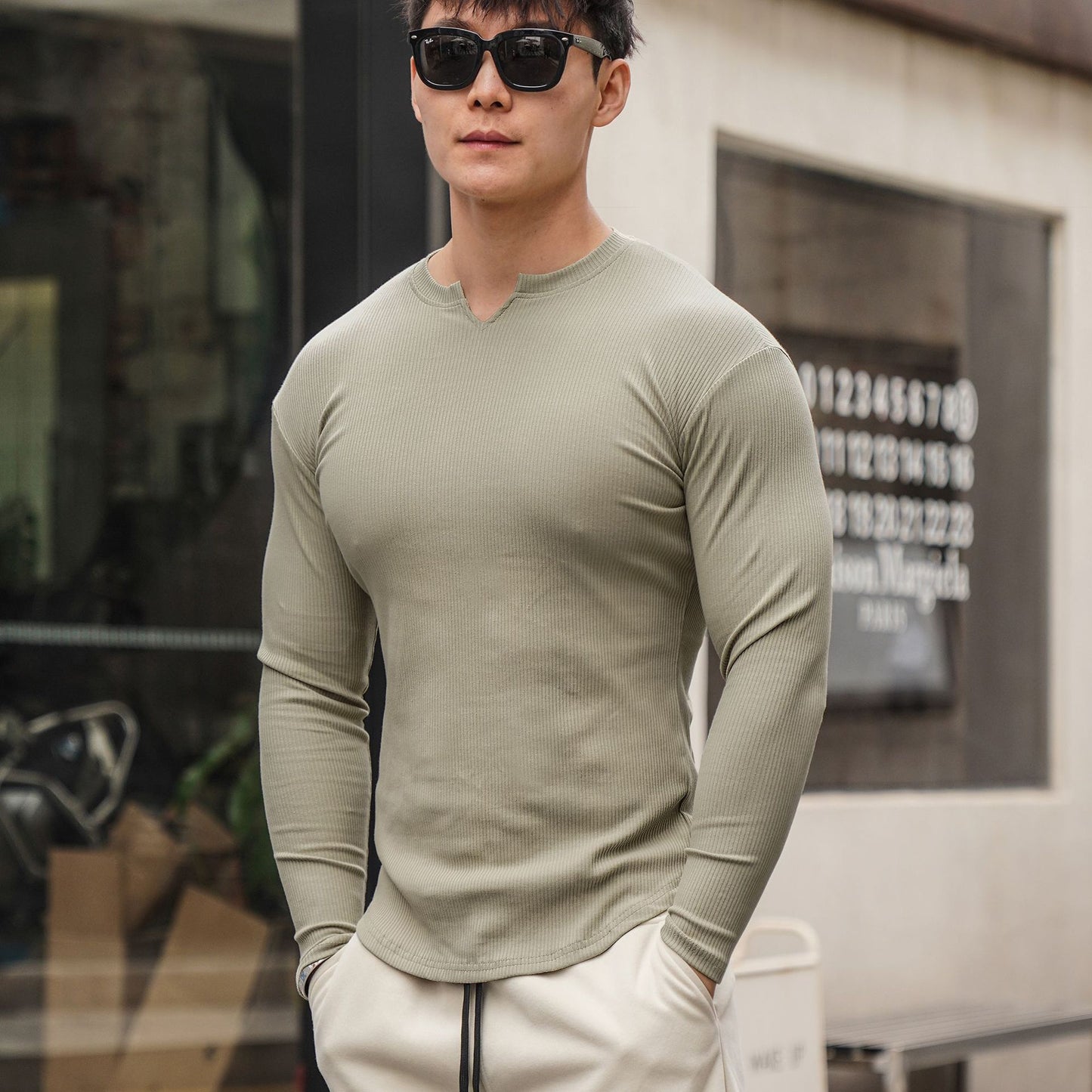 Trendy Spring Men's Small V-neck Thread Breathable Long Sleeves T-shirt