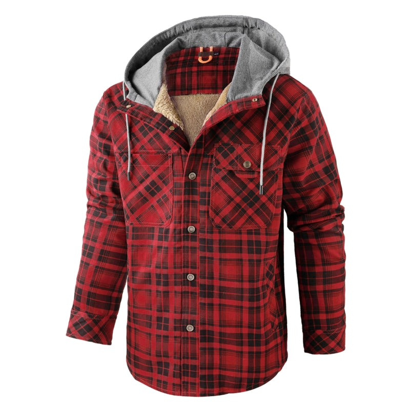 Long-Sleeved Fleece-Lined Hooded Men's Cotton Clothes Plaid Shirt