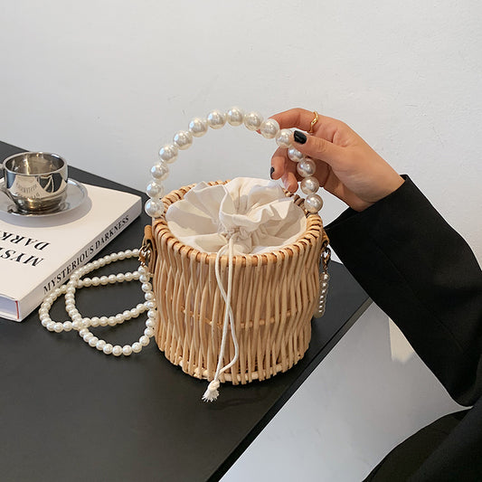 Internet Celebrity Rattan Weave Bag Women's 2023 Cross-Border Woven Bag Pearl Chain Handbag Bucket Bag Beach Bag Straw Bag Women