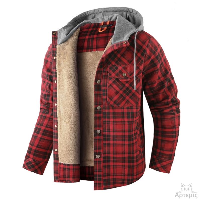 Long-Sleeved Fleece-Lined Hooded Men's Cotton Clothes Plaid Shirt