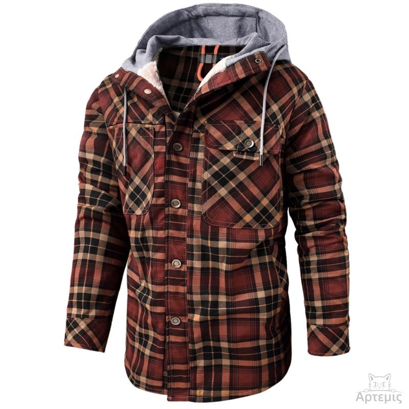 Long-Sleeved Fleece-Lined Hooded Men's Cotton Clothes Plaid Shirt