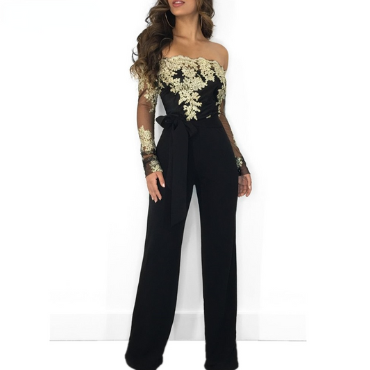 Ladies Casual Lace Lace Neck Wide Leg Jumpsuit Boat Neck Jumpsuit