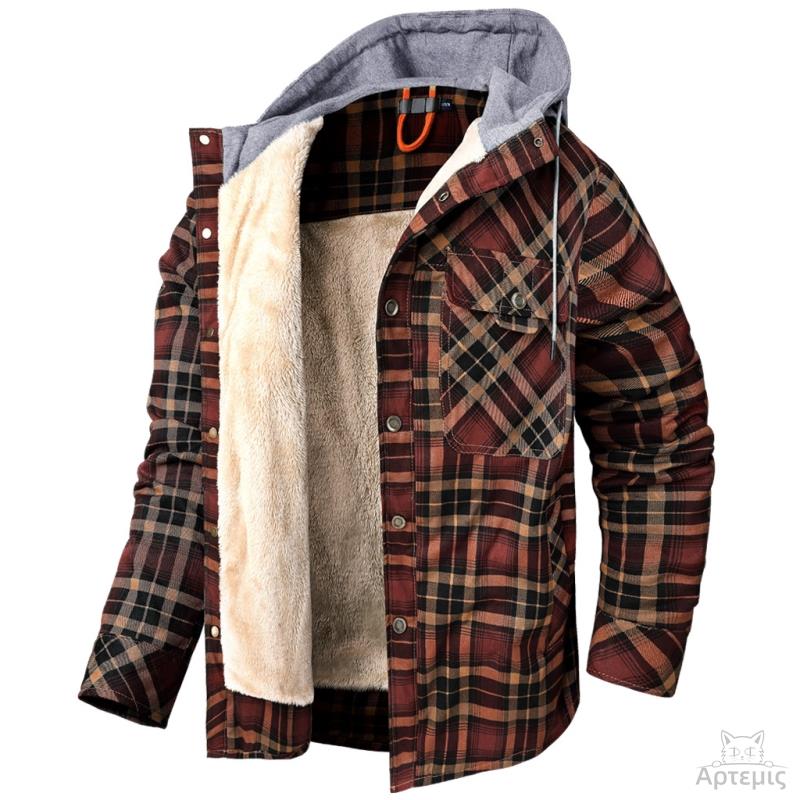 Long-Sleeved Fleece-Lined Hooded Men's Cotton Clothes Plaid Shirt