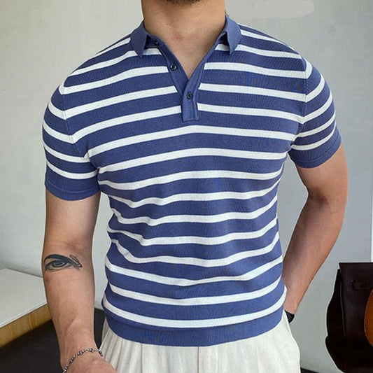 Summer Blue Striped Business Men's Short-Sleeved Sweater