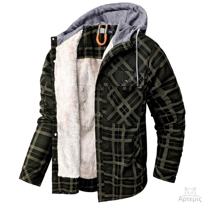 Long-Sleeved Fleece-Lined Hooded Men's Cotton Clothes Plaid Shirt