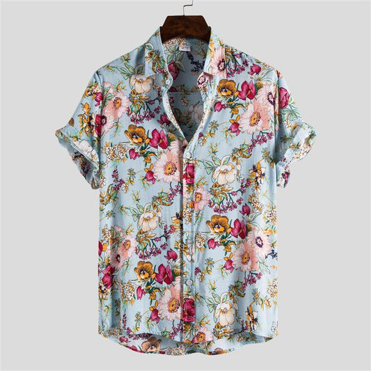 Trendy Casual Loose Men's Floral Short Sleeve Lapel Shirt