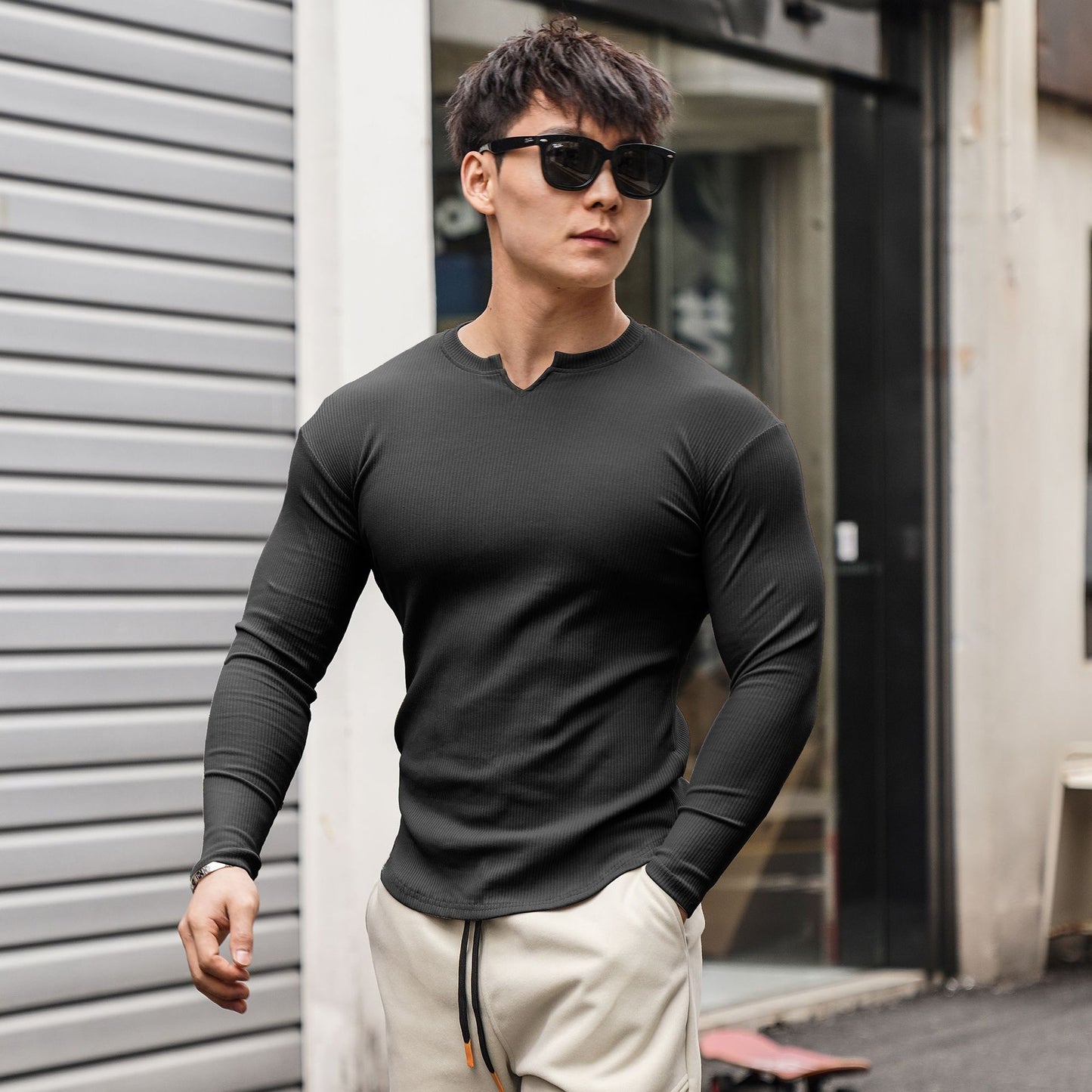 Trendy Spring Men's Small V-neck Thread Breathable Long Sleeves T-shirt