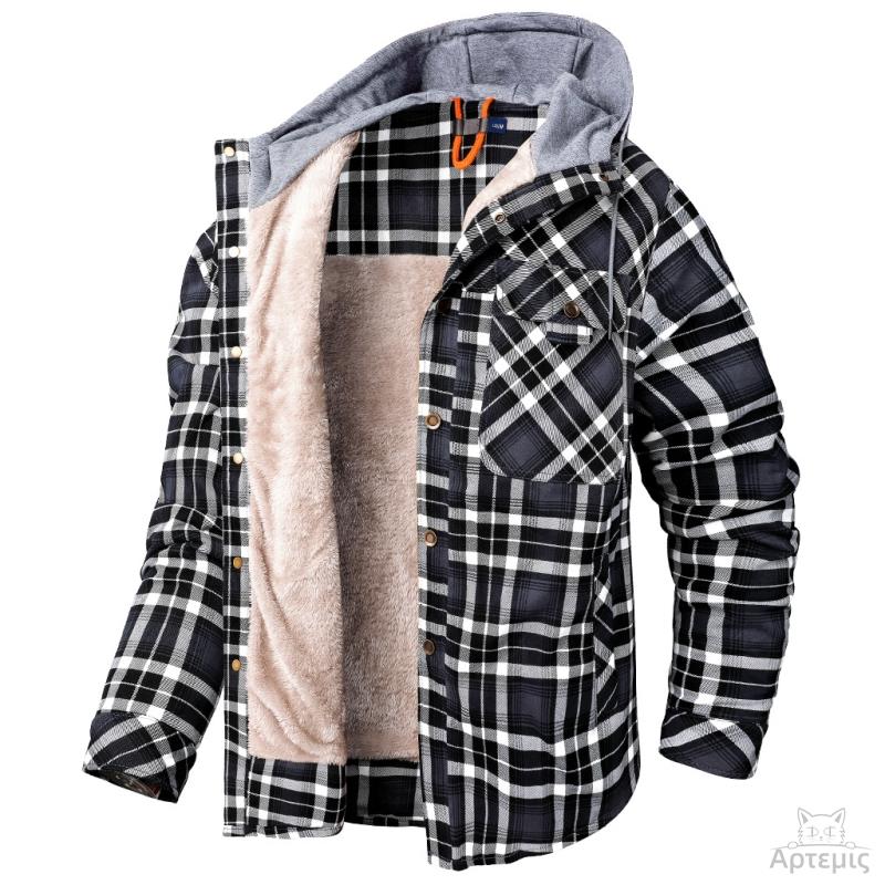 Long-Sleeved Fleece-Lined Hooded Men's Cotton Clothes Plaid Shirt