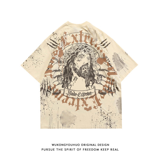 Wukong Goods Distressed Hip Hop Print Short-Sleeved T-shirt