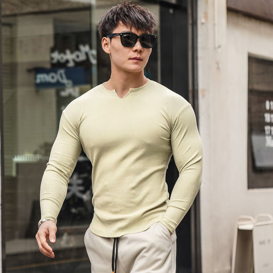 Trendy Spring Men's Small V-neck Thread Breathable Long Sleeves T-shirt