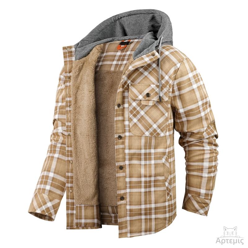 Long-Sleeved Fleece-Lined Hooded Men's Cotton Clothes Plaid Shirt