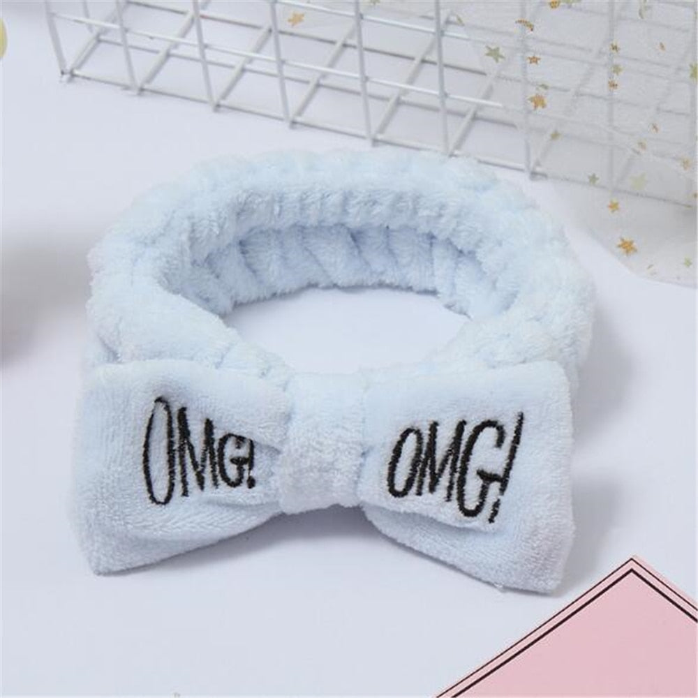 Elastic OMG Letters Bow Hairbands For Women Girls Coral Fleece Makeup Headband Hair Bands Wash Face Headwear Hair Accessories