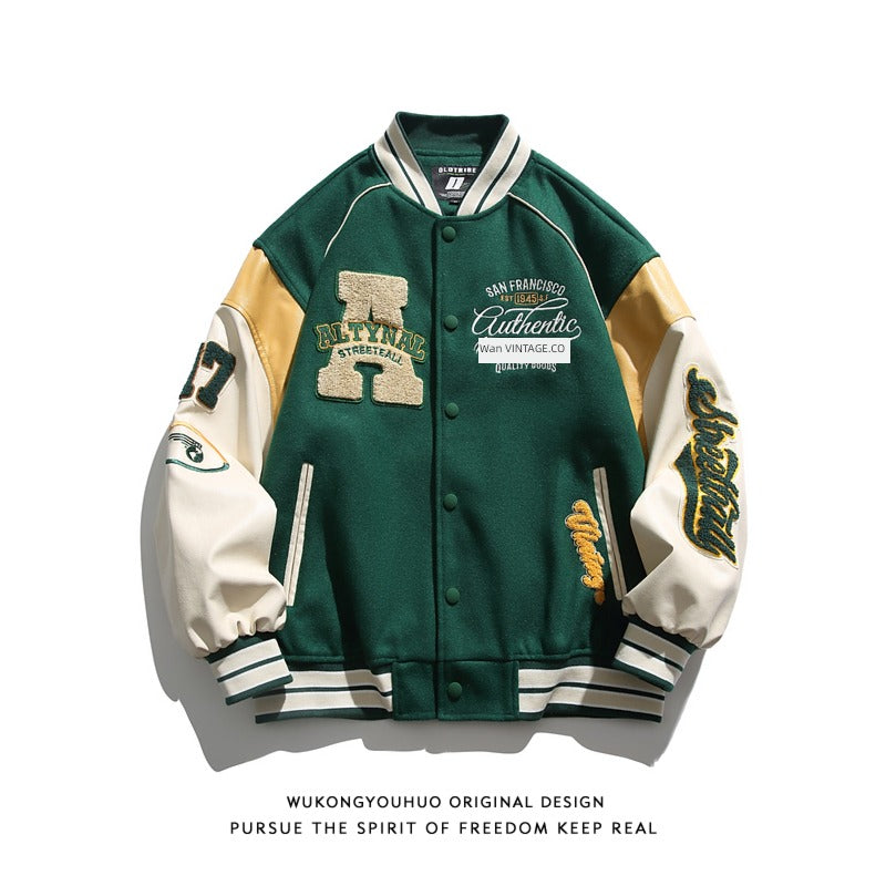 Wukong Letter Flocking Hip Hop Loose Baseball Jacket